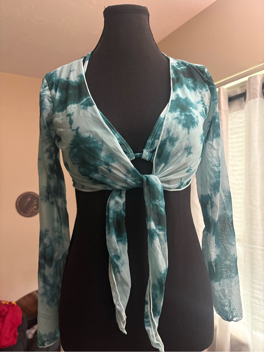 Tie-Front Sheer Swim Crop Top in Teal Tie-Dye - Picture 1 of 5